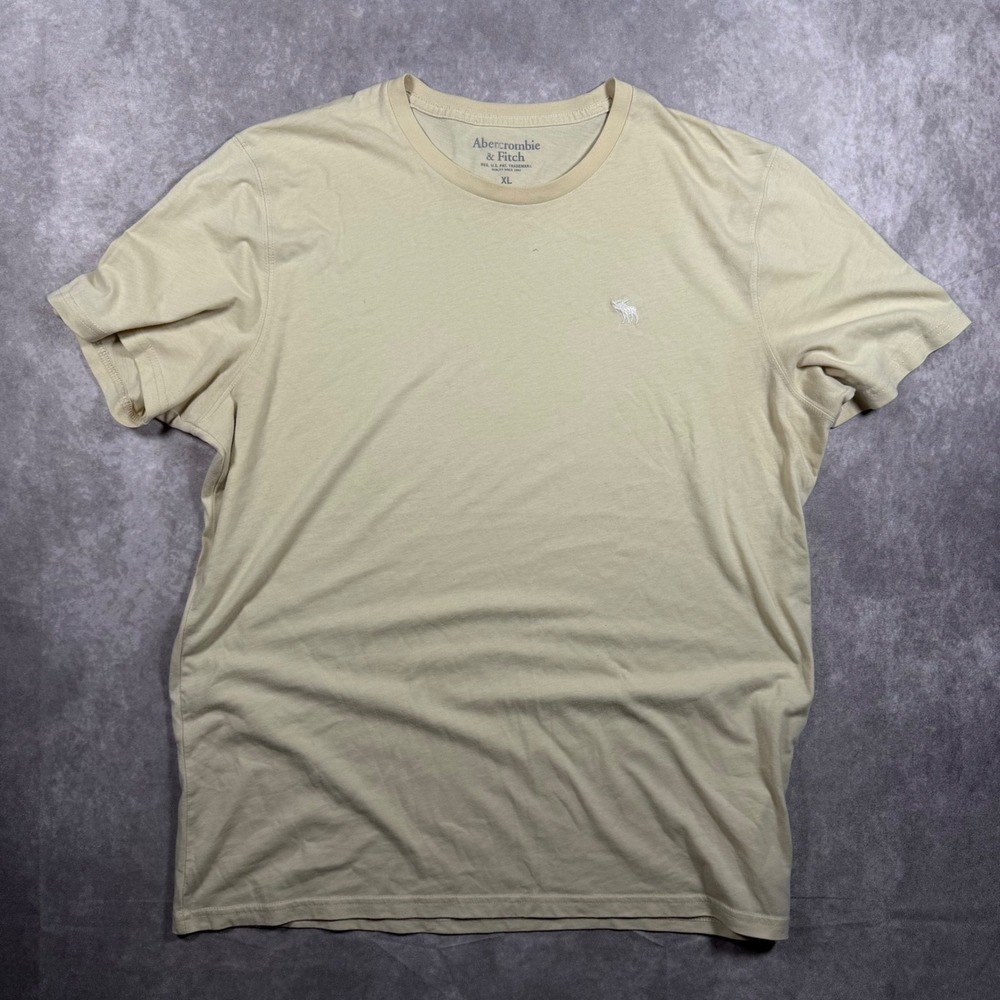 Abercrombie & Fitch Mens XL Embroidered Moose Logo Crew Neck Shirt Cream Casual